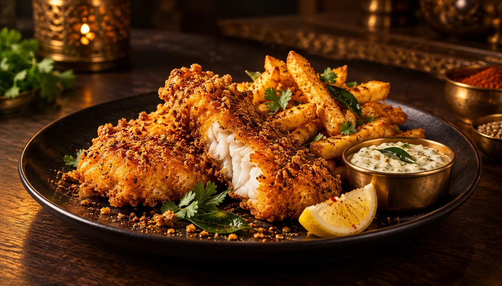 Maritime Masala Fish Bites: ajwain-battered fish with masala fries, curry-leaf tartar and lemon