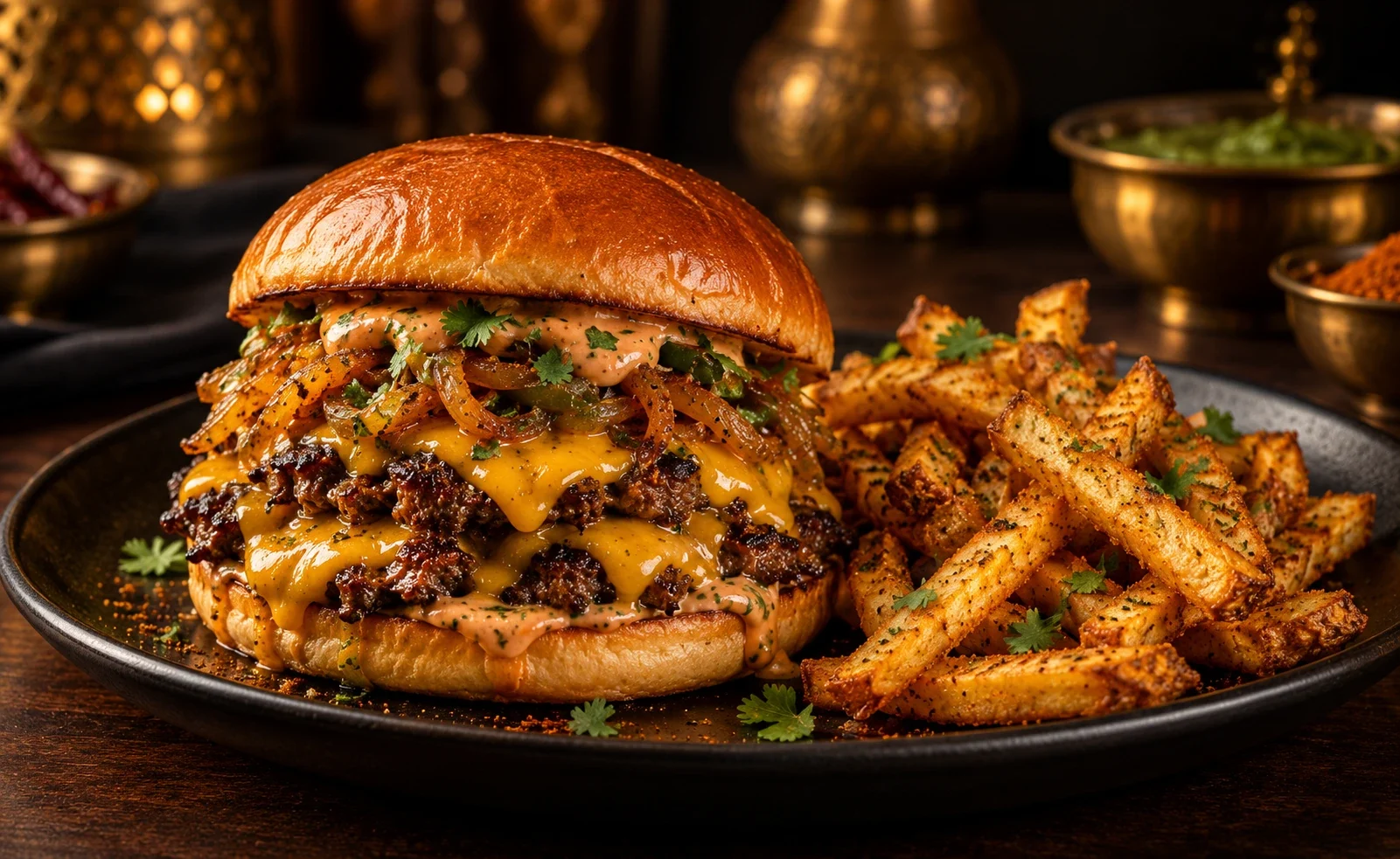 The Garam Gourmet Burger: a juicy masala burger with melted cheddar and masala onions on a toasted bun, with masala fries