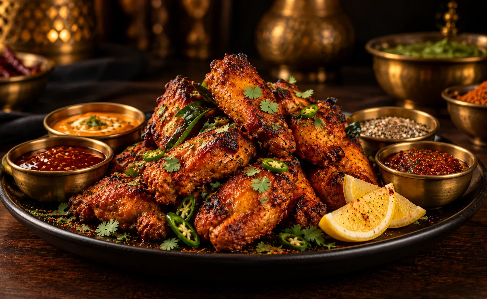 Wings piled on a black plate with jalapeño, cilantro and lemon, surrounded by brass bowls of dipping sauces